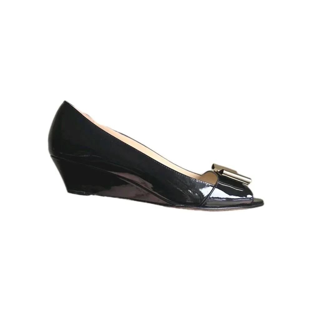 kate spade Black Patent Leather Peep-Toe Wedge Heels with Bow